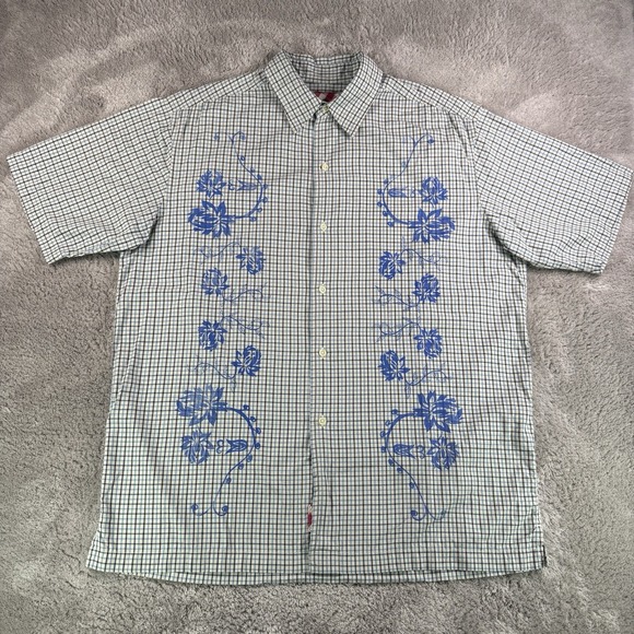 Robert Graham Other - Robert Graham Shirt Mens L Blue Check Floral Embroidered Short Sleeve Cotton